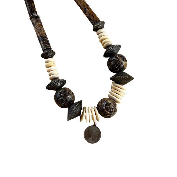 Vintage Heavy Marble Soapstone Gemstone and Bone Necklace - Picture 3 of 7